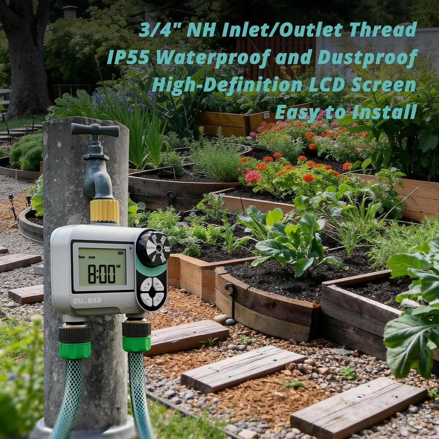 QUOBAS Brass Sprinkler Timer - Programmable Water Hose Timer with Waterproof LCD Screen | 2 Zone Irrigation System for Garden, Lawn, Yard