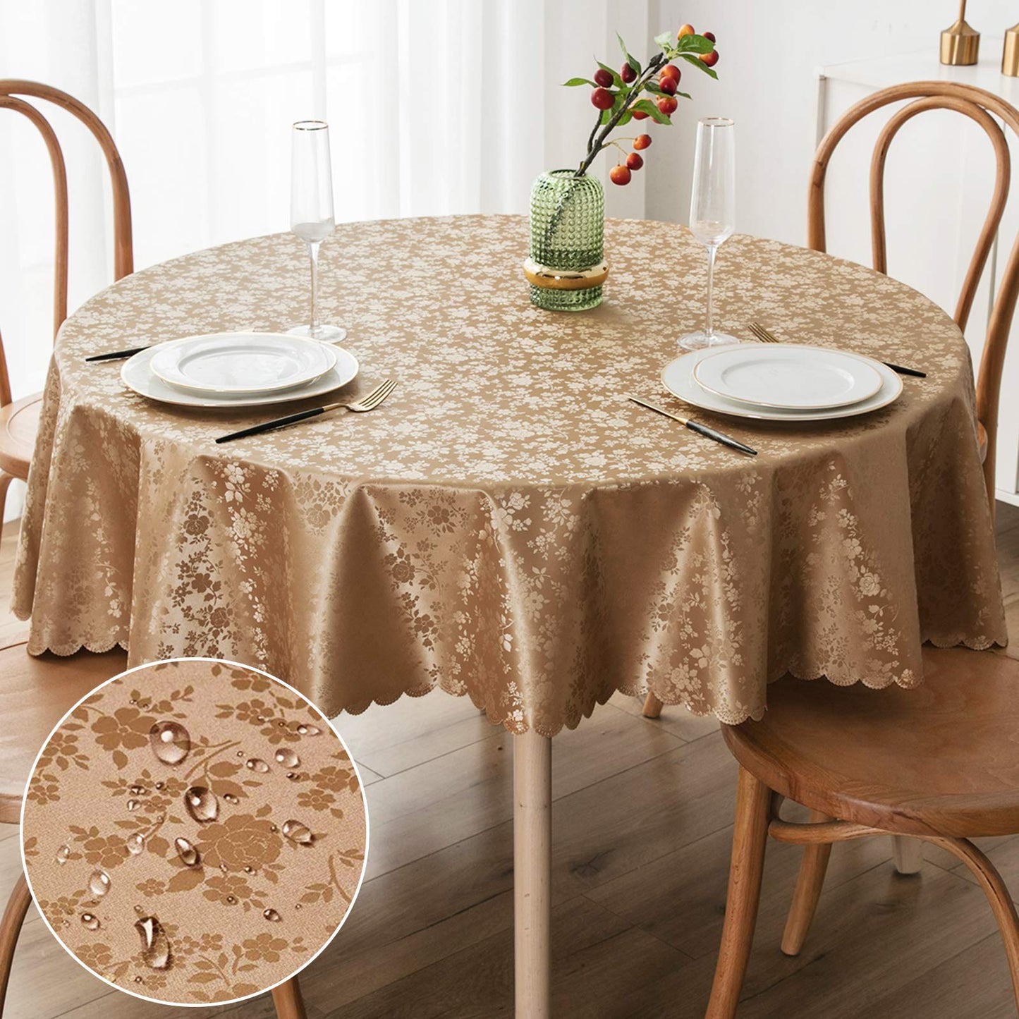 Smiry Round Table Cloth, Waterproof Heavy Duty Vinyl Tablecloths, Wipeable Washable Table Cover for Kitchen and Dining Room (Brown, 70" x 70")