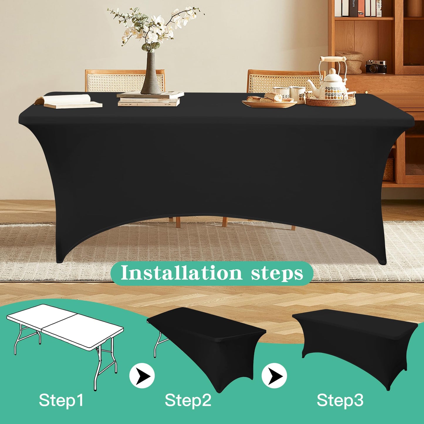 MRGSDL 6FT Table Cloth for Rectangular Fitted Events Stretch Black Table Covers Washable Spandex Tablecloth Protector for Party, Wedding, Cocktail, Banquet, Festival