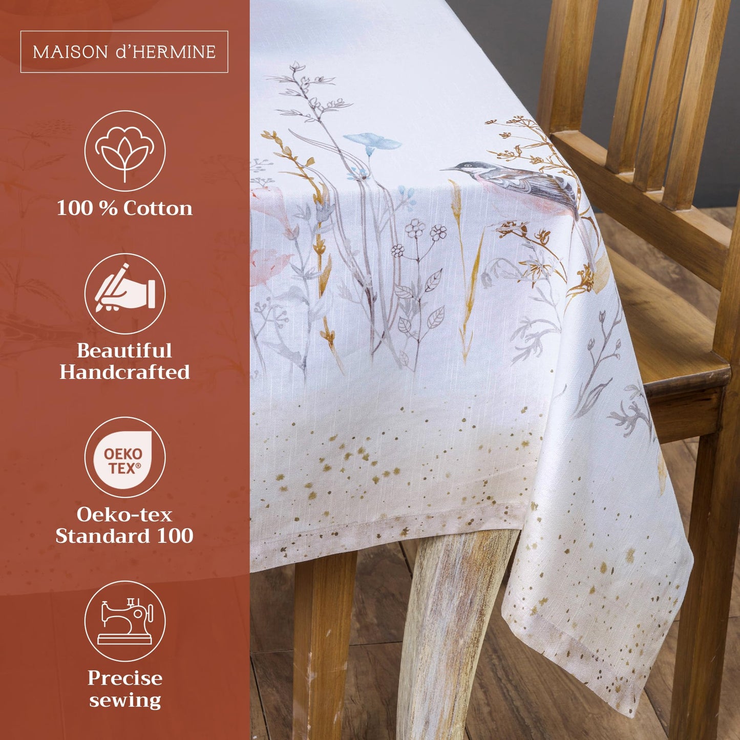 Maison d' Hermine Table Cloth Rectangle Table 100% Cotton 54 x 72 Inches Tablecloth Reusable Decorative for Dining Kitchen Farmhouse Home Gifts for Mothers Day Spring Summer - Meadow Florals - Beige
