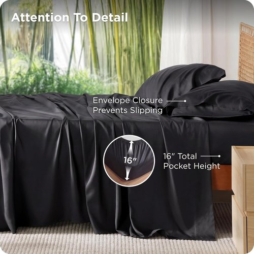 Bedsure Cooling California King Sheet Set - Breathable Rayon from Bamboo, Soft & Luxurious, Deep Pocket Up to 16 Inches, Black