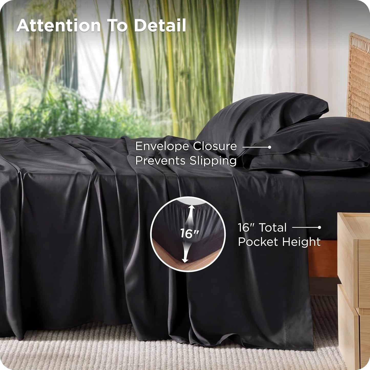 PureWoven King Size Sheet Set - Cooling Bamboo Sheets, Deep Pocket Up to 16", Soft & Breathable Luxury Bedding in Black