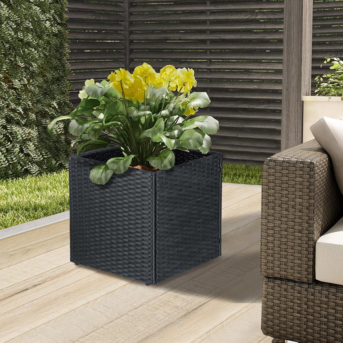 SUNNYPARK Large Square Planter Set - All-Weather PE Rattan with Removable Liner | Indoor/Outdoor Garden Pots