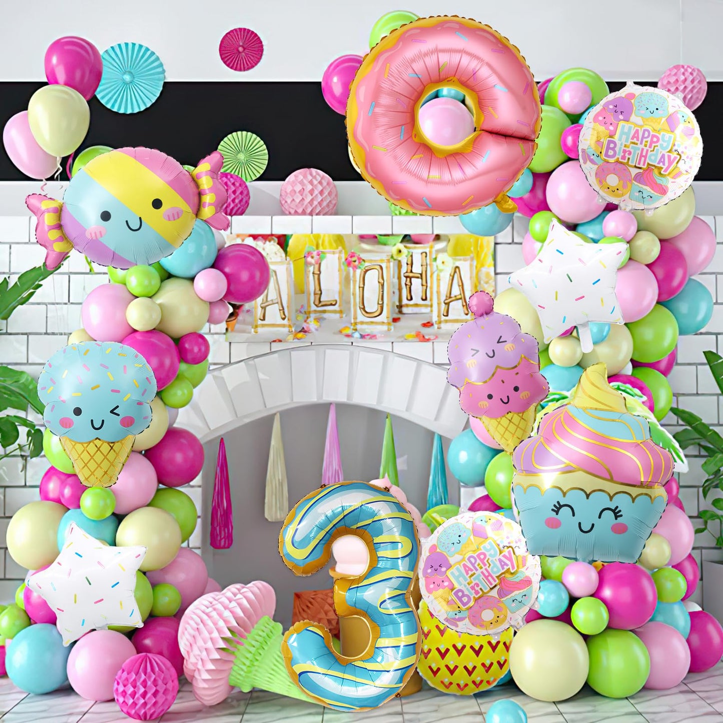 10Pcs Ice Cream Balloons, Donut Candy Birthday Number Mylar Foil Balloon Ice Cream Theme 3rd Birthday Party Supplies Decorations