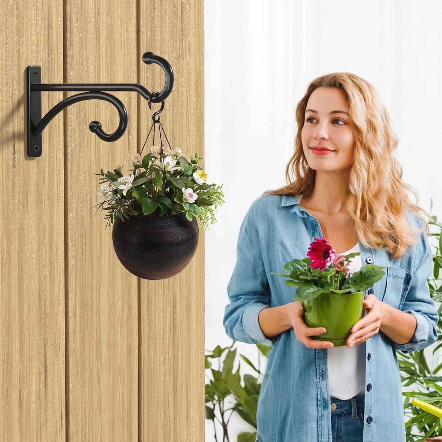 Plant Hanger Hooks - Black Metal Wall Mounts for Indoor/Outdoor Planters | 2-Pack for Baskets & Lanterns