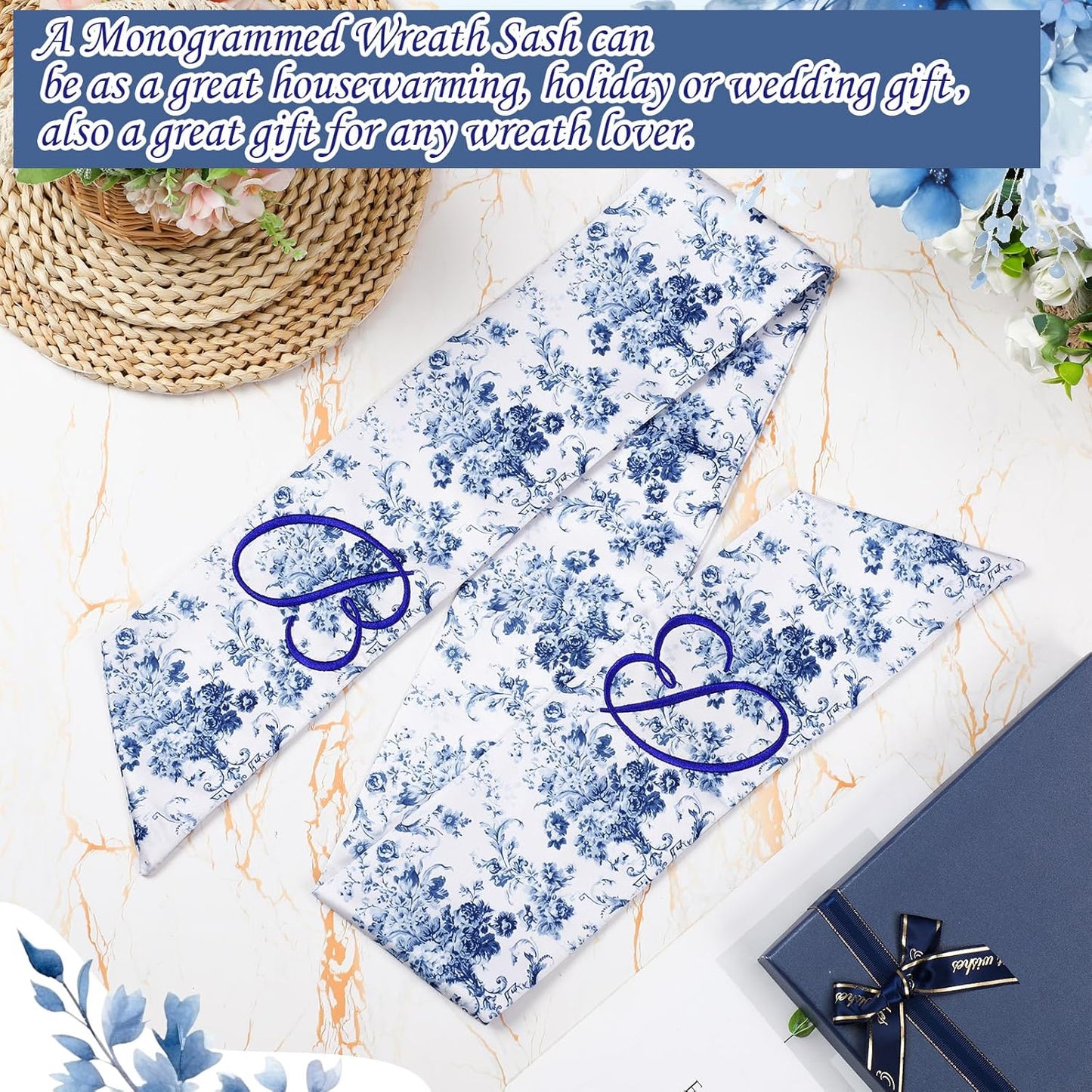 Mindsoft Monogram Wreath Sashes - Embroidered Letter B Design | 56.2 Inch Blue & White Door Decor