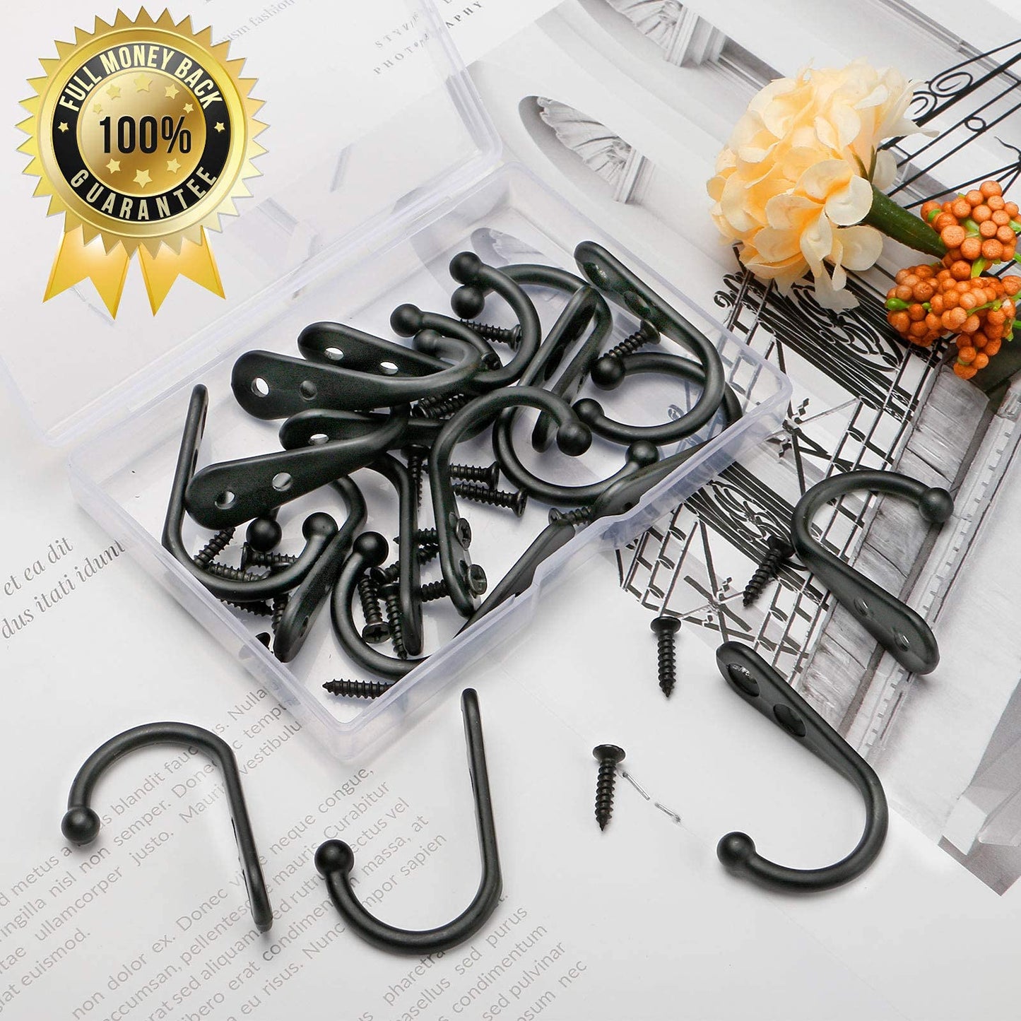 ZAYBOD 15Pcs Black Wall Mounted Coat Hooks,Hanger Hook with 30 Pieces Screws for HangingHat, Towel, Key, Robe, Coats, Scarf, Bag, Cap,Coffee Cup, Mugs