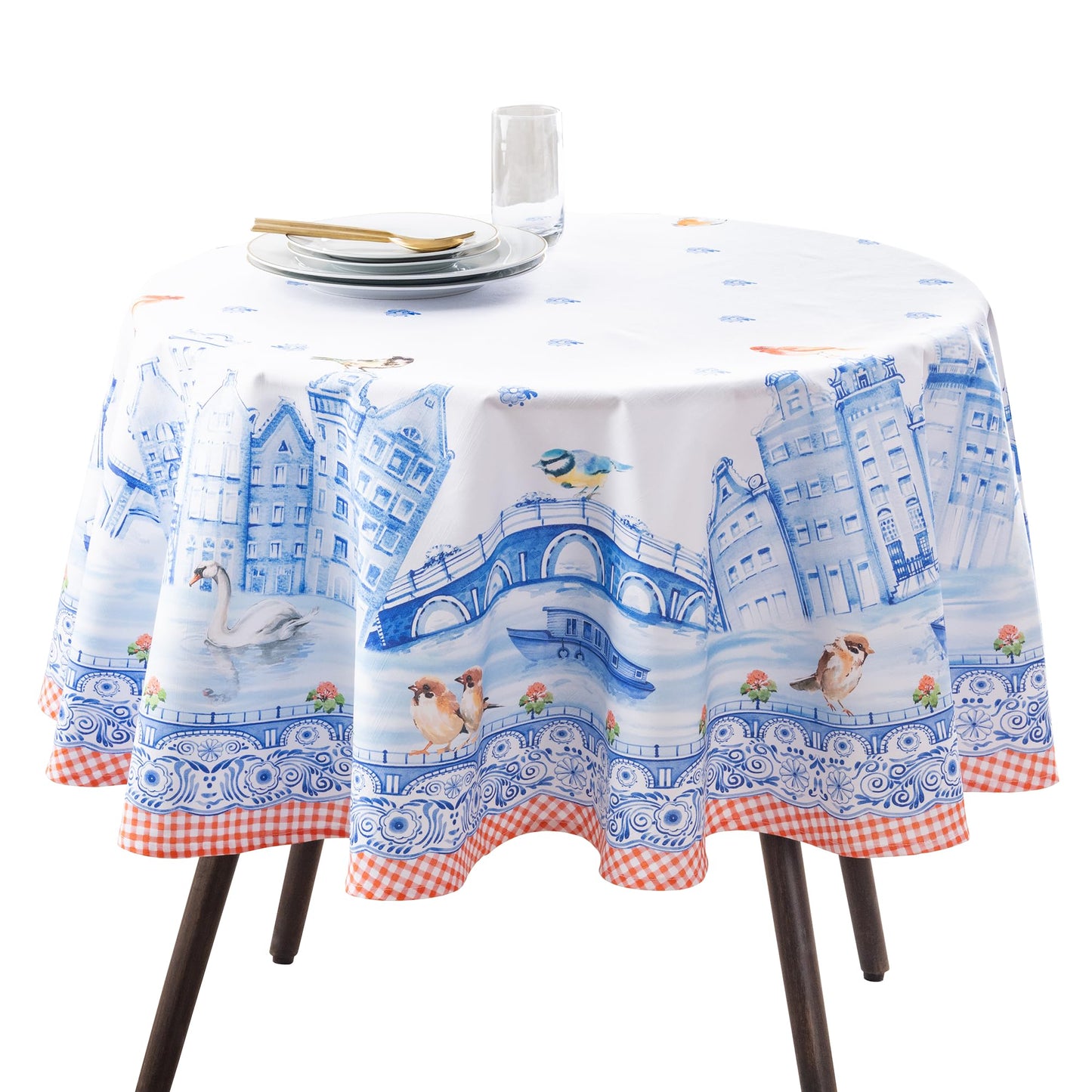 Maison d' Hermine Table Cloth Round Table 100% Cotton 63 Round Inches Tablecloth Reusable Decorative for Dining Kitchen Room Farmhouse Home Gifts for Mothers Day Spring Summer - Amsterdam Canals