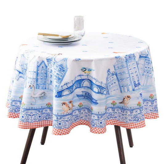 Maison d' Hermine Table Cloth Round Table 100% Cotton 63 Round Inches Tablecloth Reusable Decorative for Dining Kitchen Room Farmhouse Home Gifts for Mothers Day Spring Summer - Amsterdam Canals