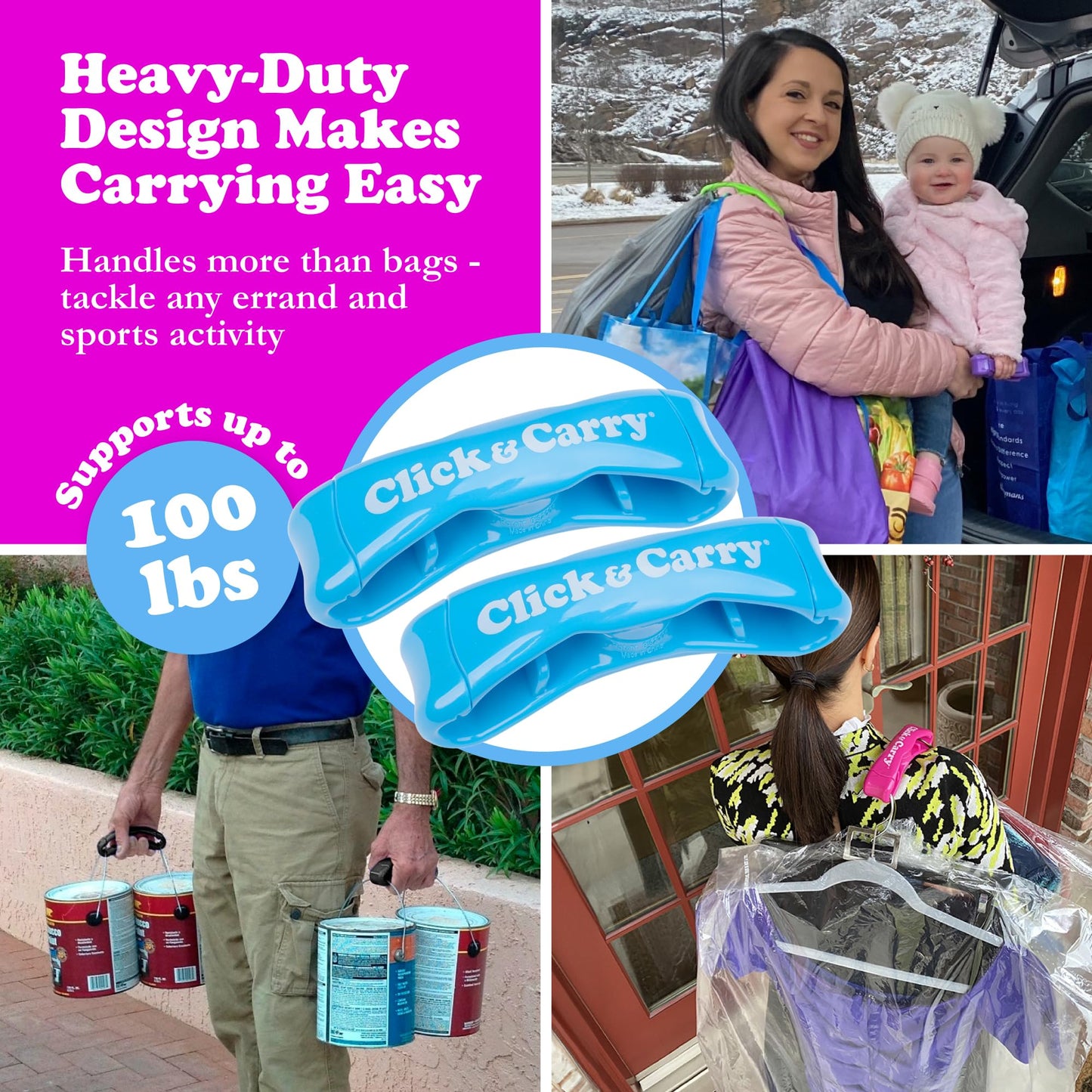 Click & Carry Grocery Bag Carrier Handle - Carry More in Fewer Trips, 100lb Capacity, Hands-Free, Gel-Padded Ergonomic Design, Shopping & Grocery Bag Holder - As Seen On Shark Tank, Blue, 2 Pack
