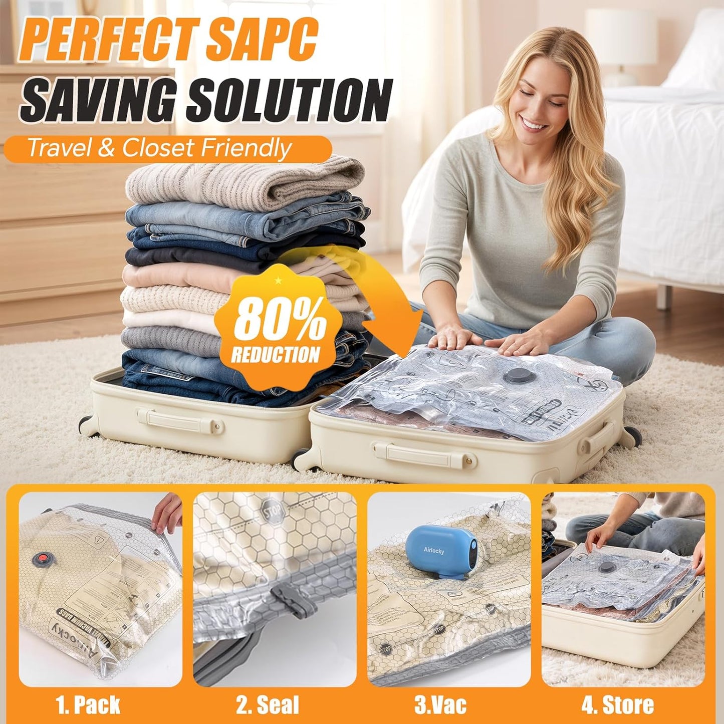 Skiennix Travel Vacuum Storage Bags - 16 Pack Compression Packing Bags with Portable Electric Pump | 80% Space Saver for Luggage