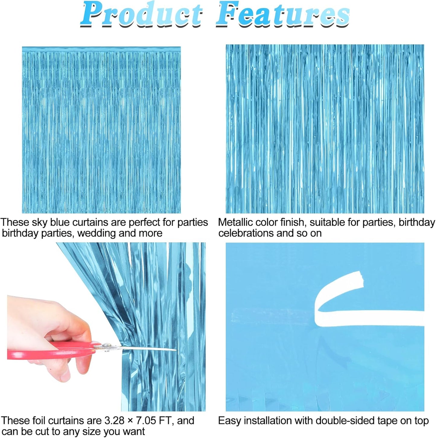 Skiennix Blue Foil Streamers - 4 Pack Metallic Sky Blue Backdrop Fringe Curtains | 3.28 FT x 7.05 FT for Parties
