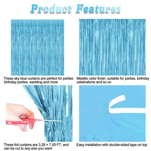 2 Pack Backdrop Curtains, 3.28 Feet x 7.05 Feet Sky Blue Tinsel Backdrop, Metallic Fringe Curtains Foil Tinsel Party Streamer, Winter Backdrop Happy Birthday Party Supplies