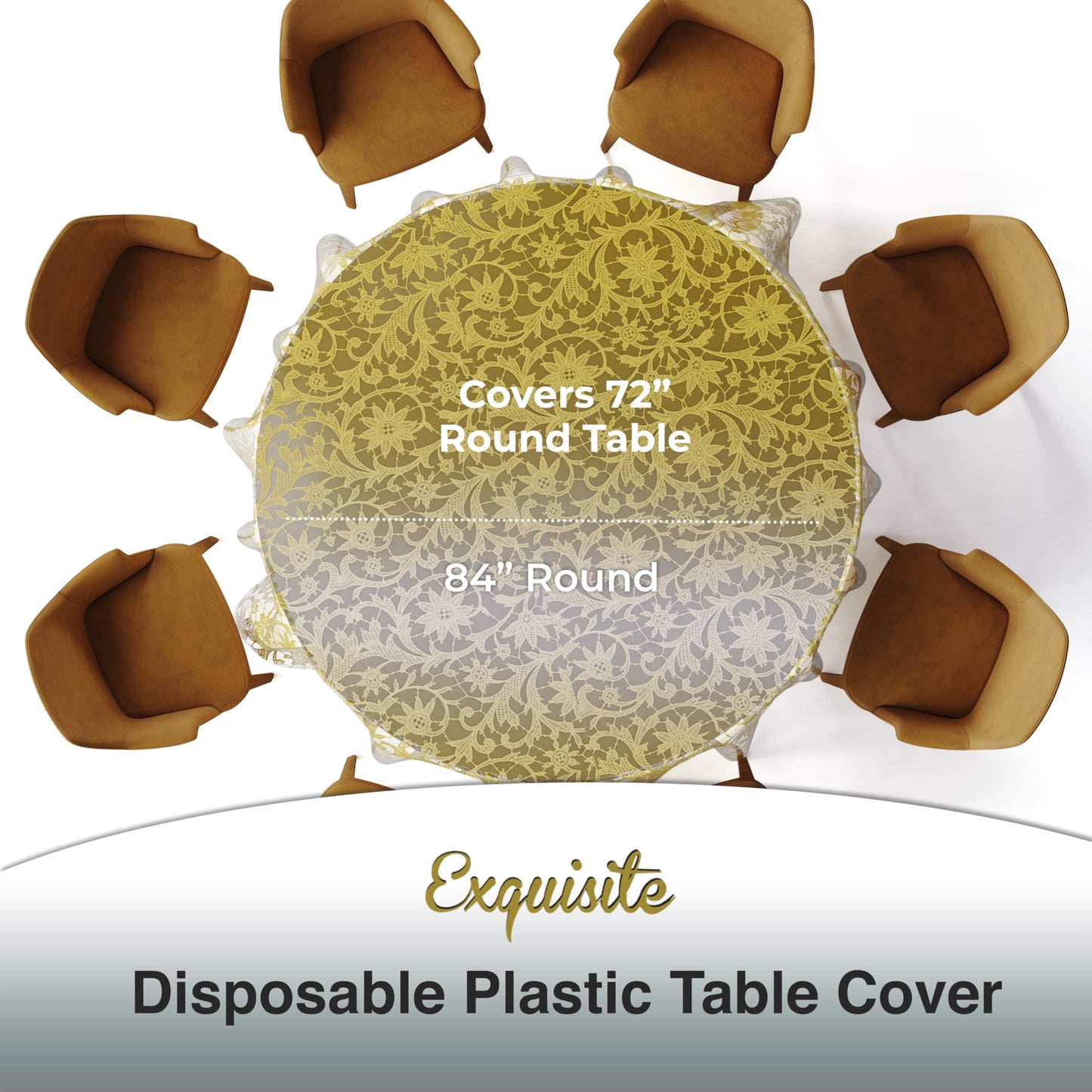 Exquisite Lace Table Cloth Round Table Plastic 12-Pack Lace Tablecloth 84 | Clear & Gold Floral Tablecloth Disposable | Wild Flower Party Decorations & Party Supplies