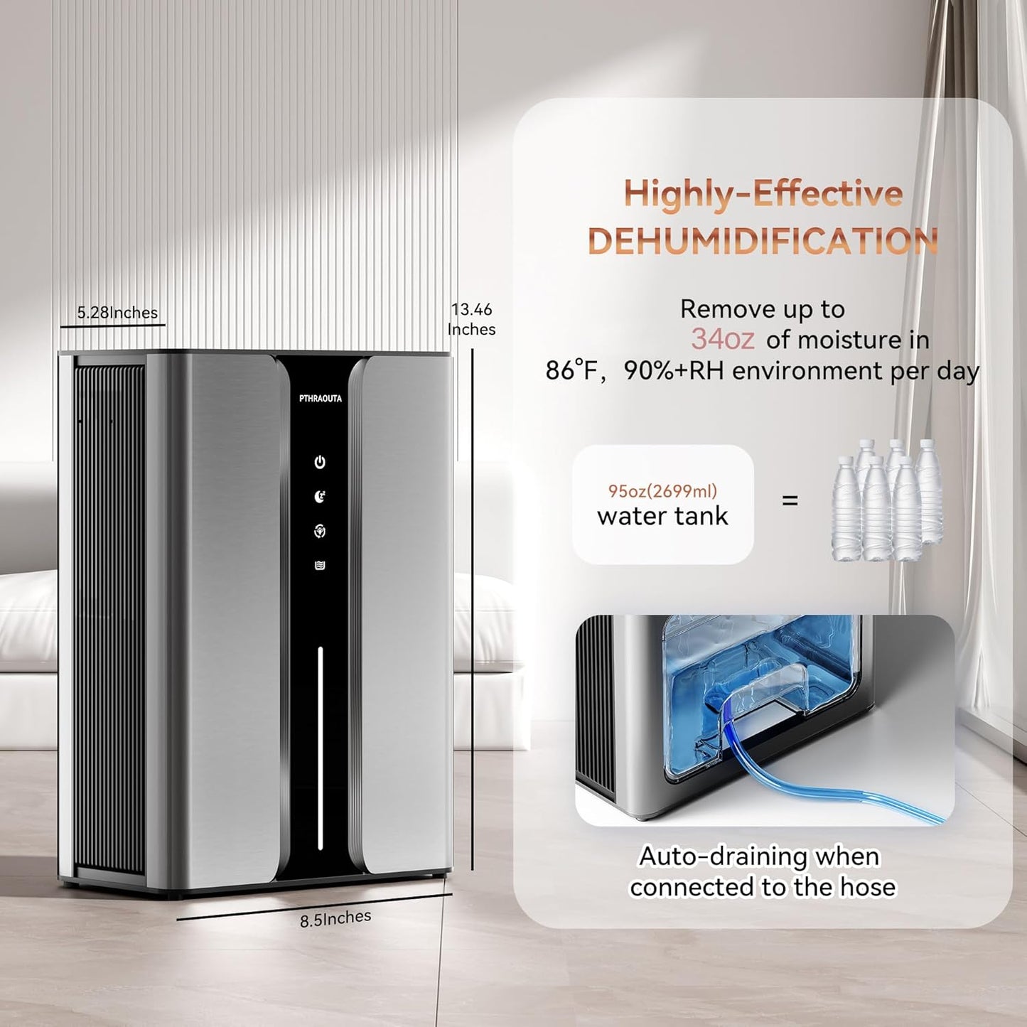 PTHRAOUTA Home Dehumidifier - 95oz Quiet Indoor Unit for Bathrooms & Bedrooms | 950 sq.ft Coverage
