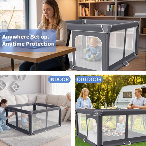 Foldable Baby Playpen - 50"x50" Portable Safety Play Yard for Babies & Toddlers - Indoor/Outdoor Use, Dark Gray
