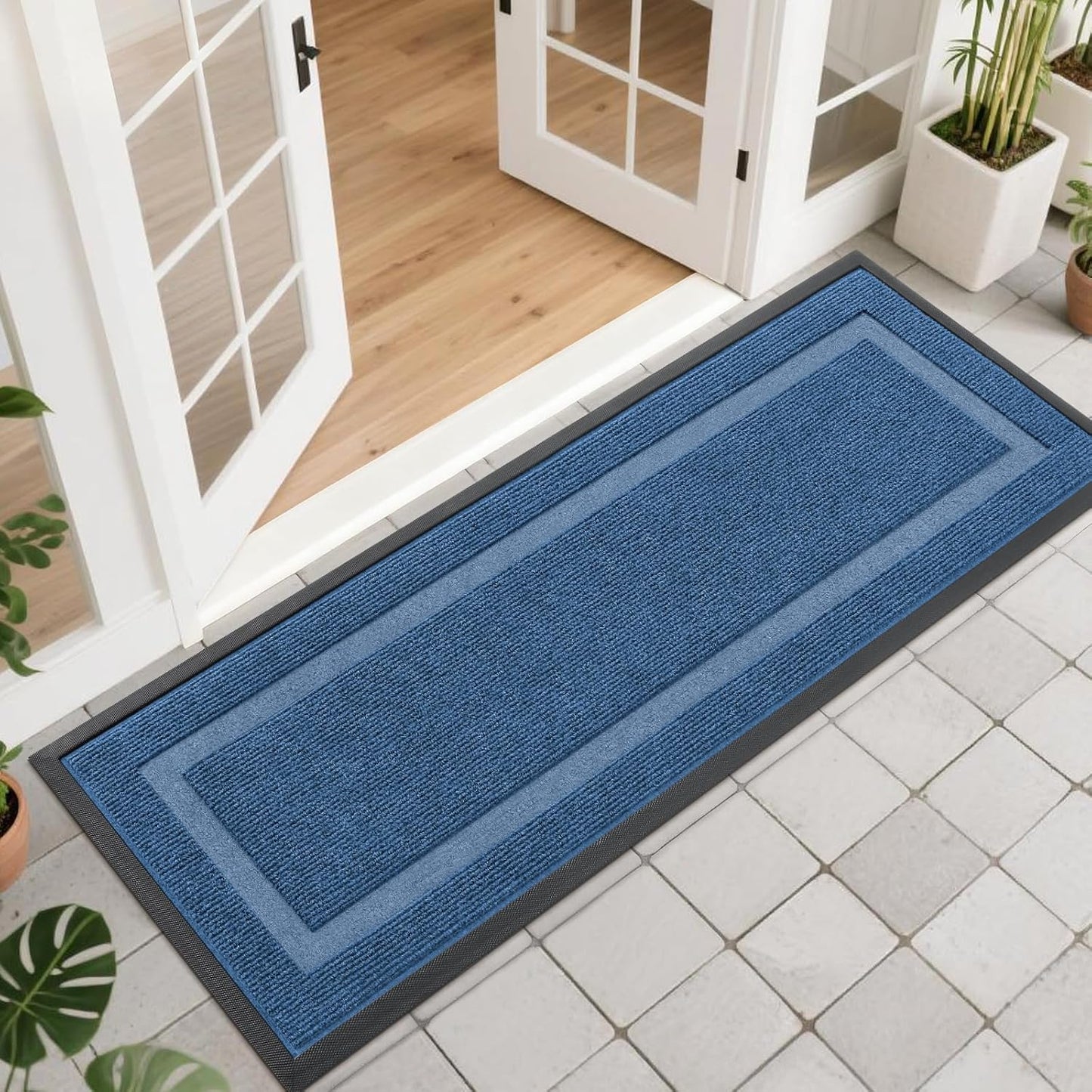 OLANLY Indoor Outdoor Front Door Mat - Waterproof All-Weather Doormat, Easy Clean, 47x17, Light Blue