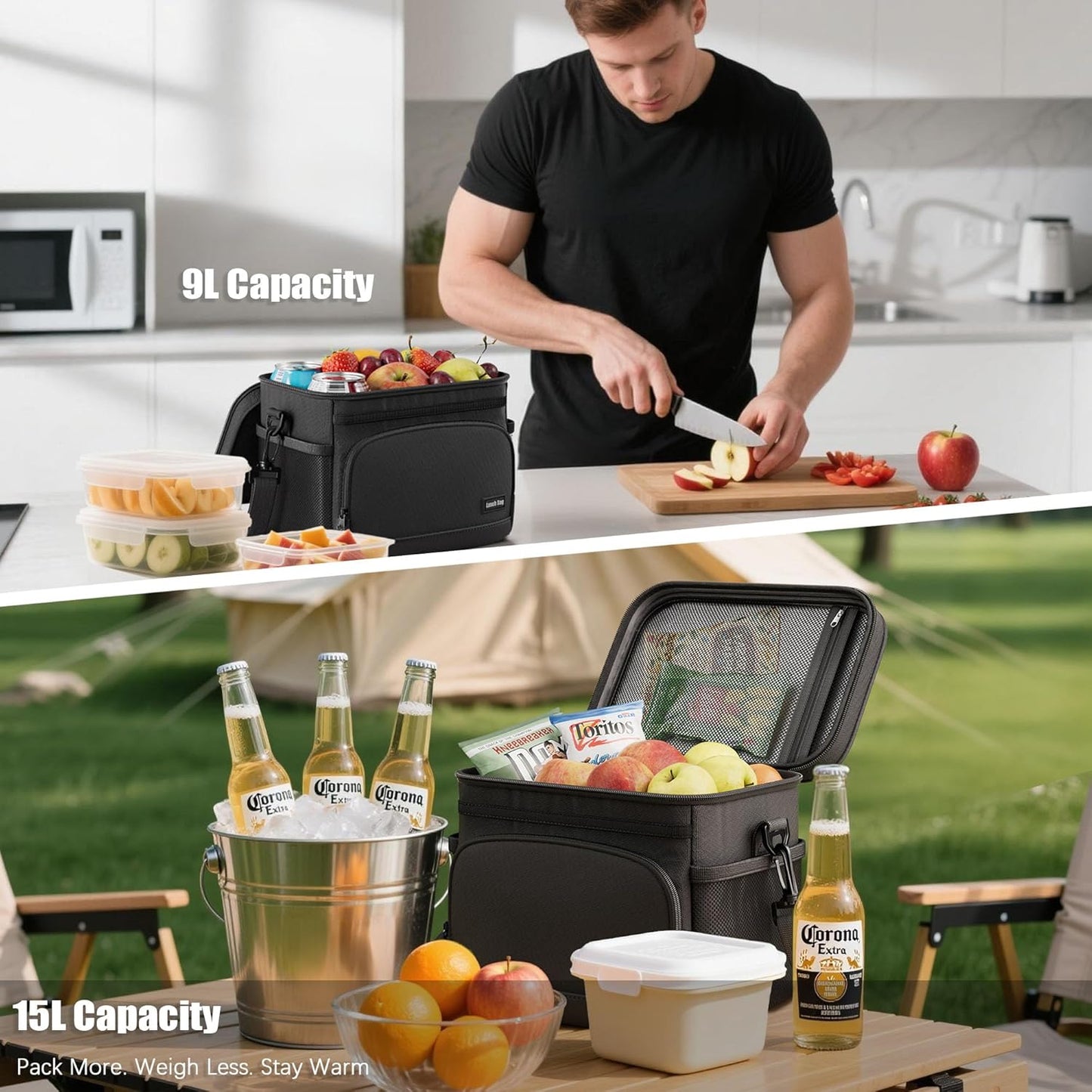 Skiennix Insulated Lunch Bag - Soft Cooler Tote for Work, Office, Travel & Picnic | Black, 9L