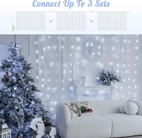 HEYFUNi LED Curtain Lights - 9.8Ft x 9.8Ft Outdoor Fairy Lights with 8 Modes - Perfect for Weddings & Decor