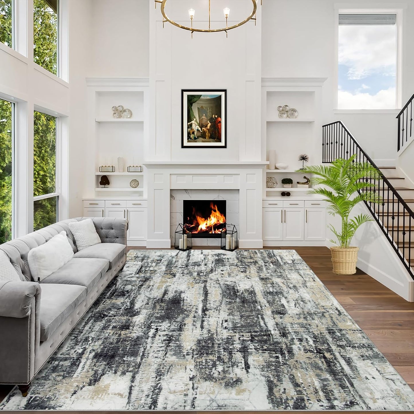 Skiennix 8x10 Area Rug - Washable Modern Abstract Design | Soft Anti-Skid Carpet in Black, Grey & Gold