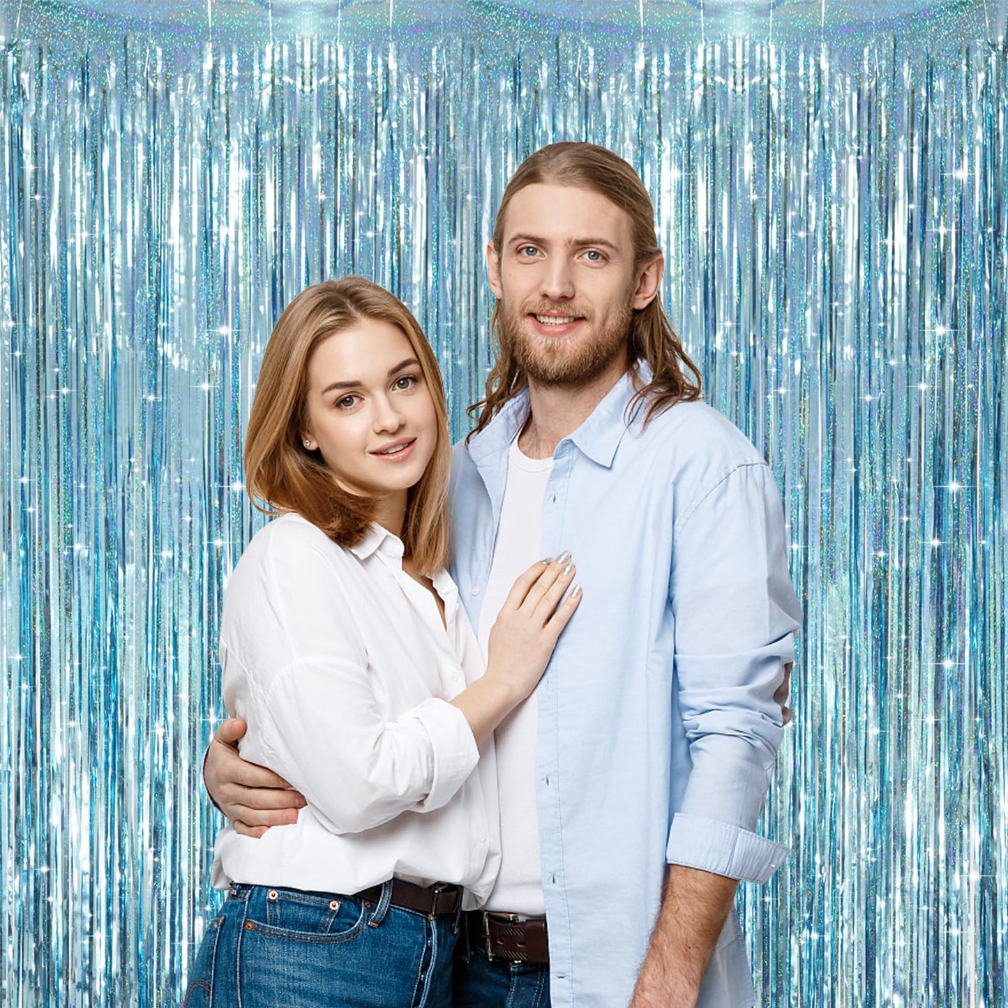 Voircoloria 3 Pack 3.3 x 8.2 ft Laser Blue Foil Fringe Backdrop Curtains, Tinsel Streamers Party Decorations, Fringe Backdrop