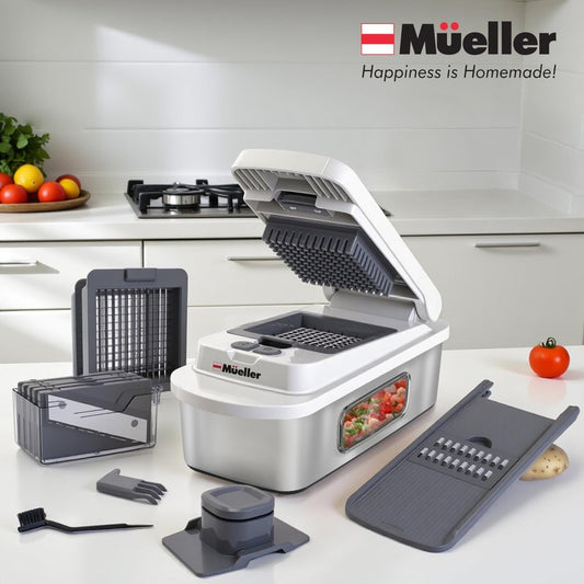 Mueller Pro-Series 10-in-1, 8 Blade Stainless Steel Multi Vegetable Chopper And Mandoline Slicer, Kitchen Accessories and Essentials, Food and Veggie Chopper, Mincer, Dicer, White Sand/Grey
