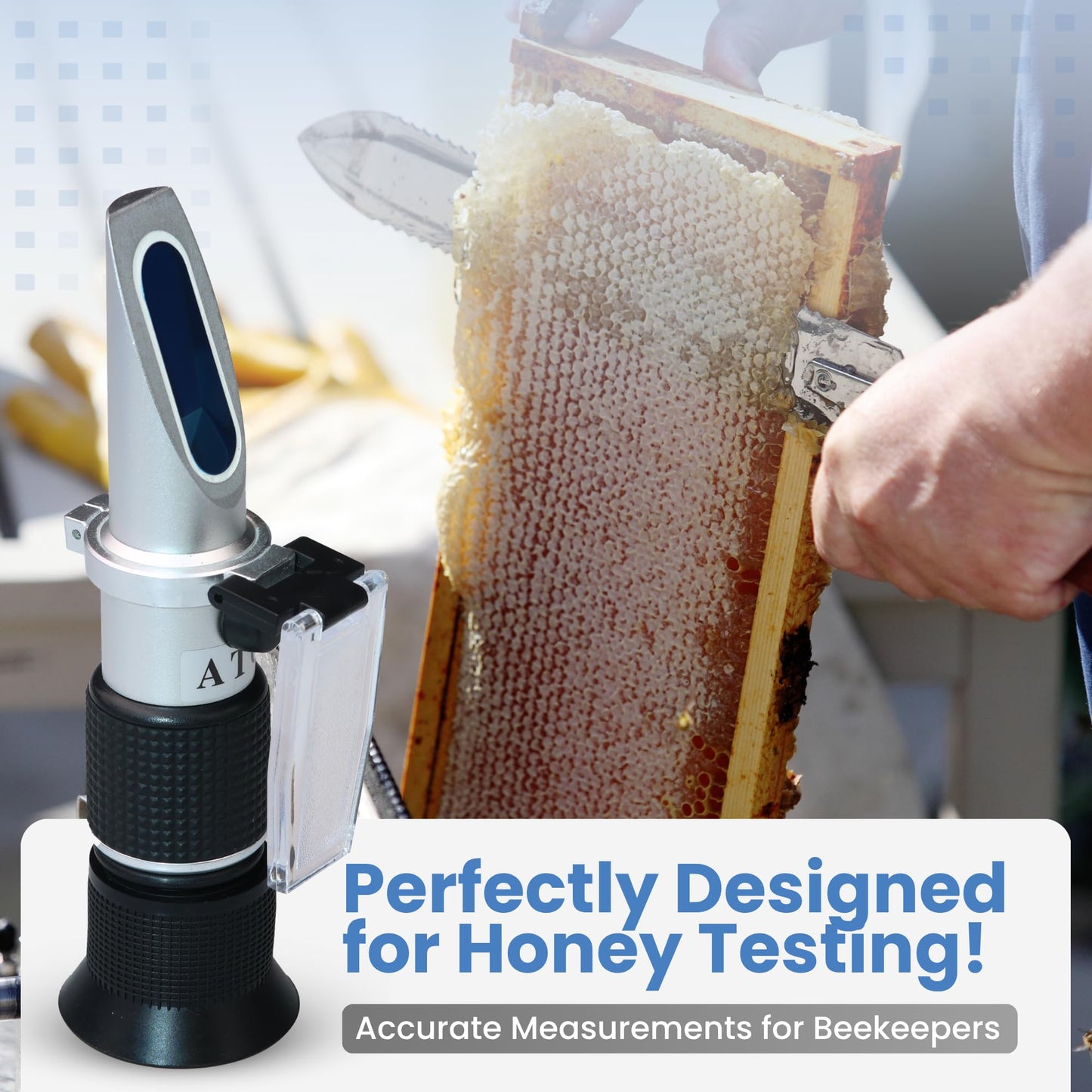 3-in-1 Honey Refractometer with ATC – Brix 58-90%, Baume 38-43%, Moisture 12-27% – Easy to Calibrate, Reliable, and Accurate Tester for Honey, Maple Syrup, Molasses, and More – Ideal for Beekeepers