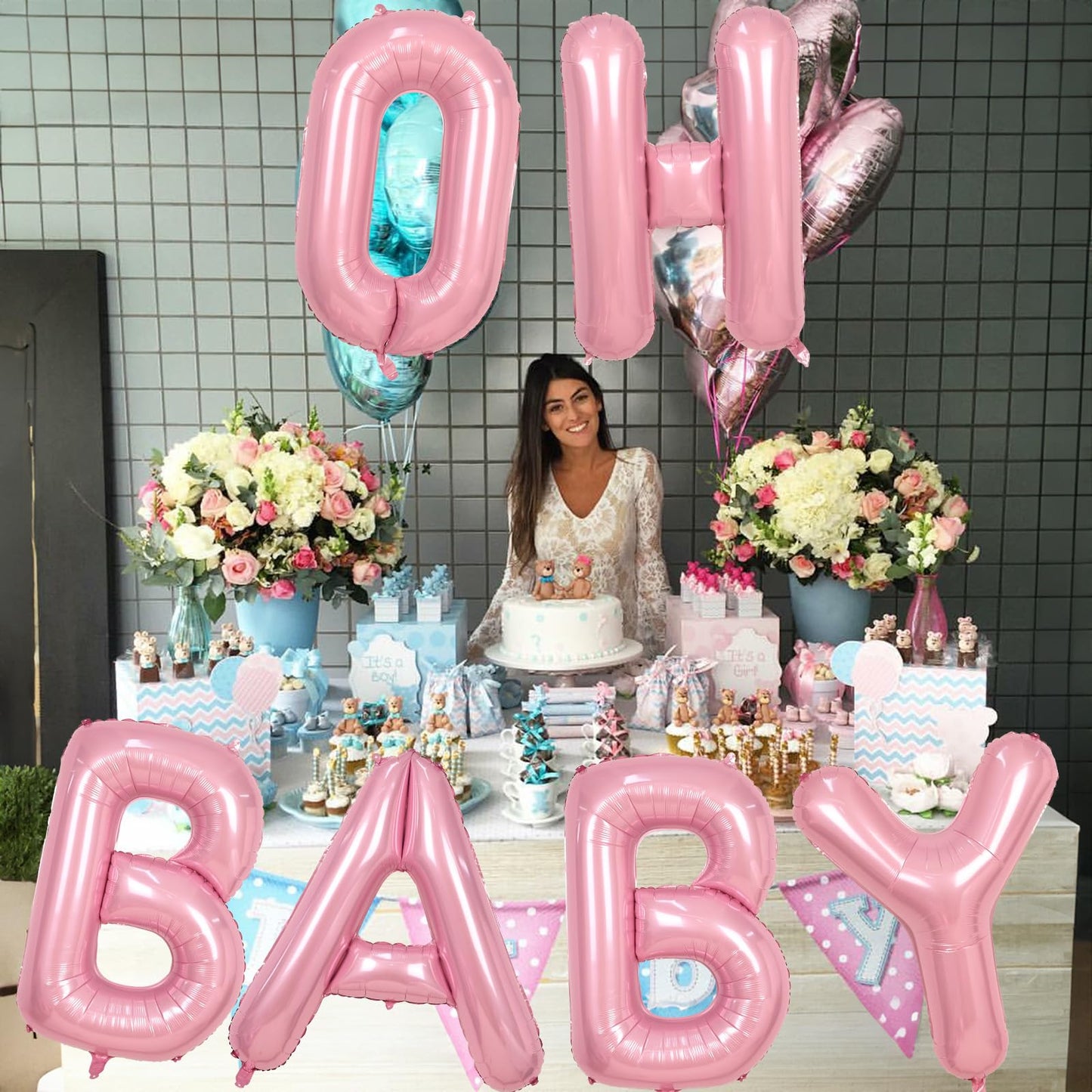 40 Inch Pastel Pink OH BABY Balloon for Baby Shower, Large Light Pink OH BABY Balloon Letters with Ribbon, Pearl Pink Alphabet Balloons Banner Sign for Girl Birthday Party Backdrop Decorations