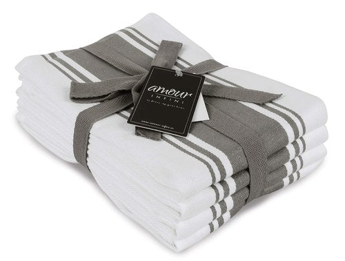 AMOUR INFINI Kitchen Towels 100% Cotton Pack of 4, Highly Absorbent Quick Drying Premium Striped Dish Towel for Kitchen with Hanging Loop Hand & Tea Towels (L.Grey)