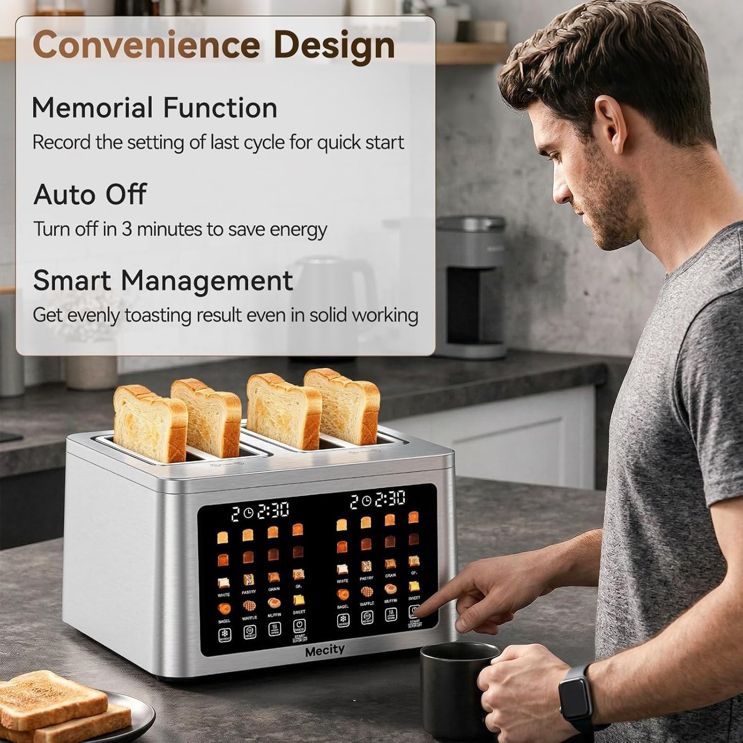 Mecity 4-Slice Toaster - Smart Touch Screen, Dual Control, Auto Shut Off | Perfect for Bagels & Gluten-Free Breads
