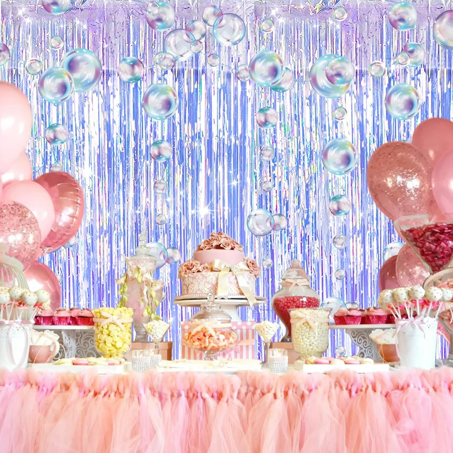 Skiennix Iridescent Party Streamers - Tinsel Foil Fringe Curtains & Colorful Bubble Garlands | Ocean Party Decor