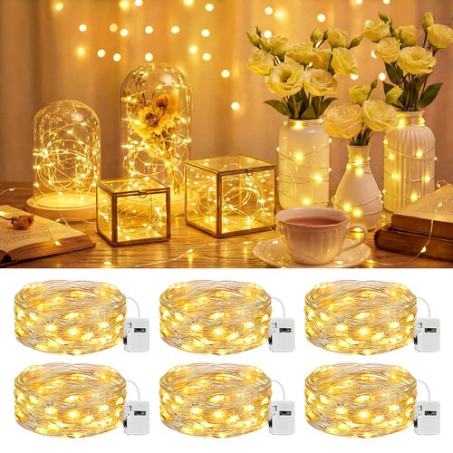 btfarm 6 Pack LED Fairy Lights Battery Operated 3 Modes, 7ft 20 Led Twinkle String Lights Waterproof, Mini Silver Wire Firefly Starry Moon Lights for DIY Christmas Mason jars Wedding Table Centerpiece