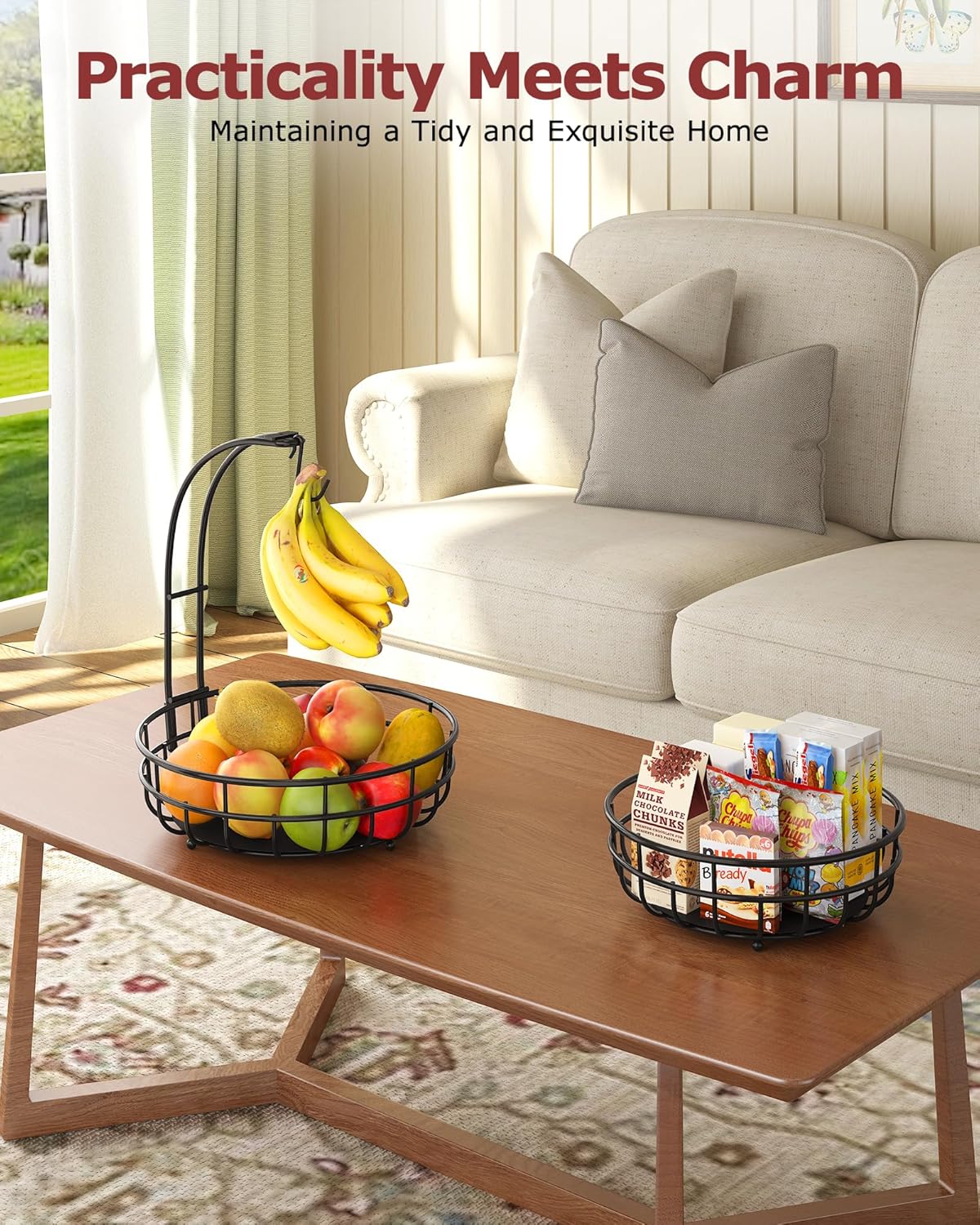 Sevenblue 2-Tier Large Fruit Basket - Sturdy Iron Kitchen Counter Bowl with Removable Banana Hanger | Black