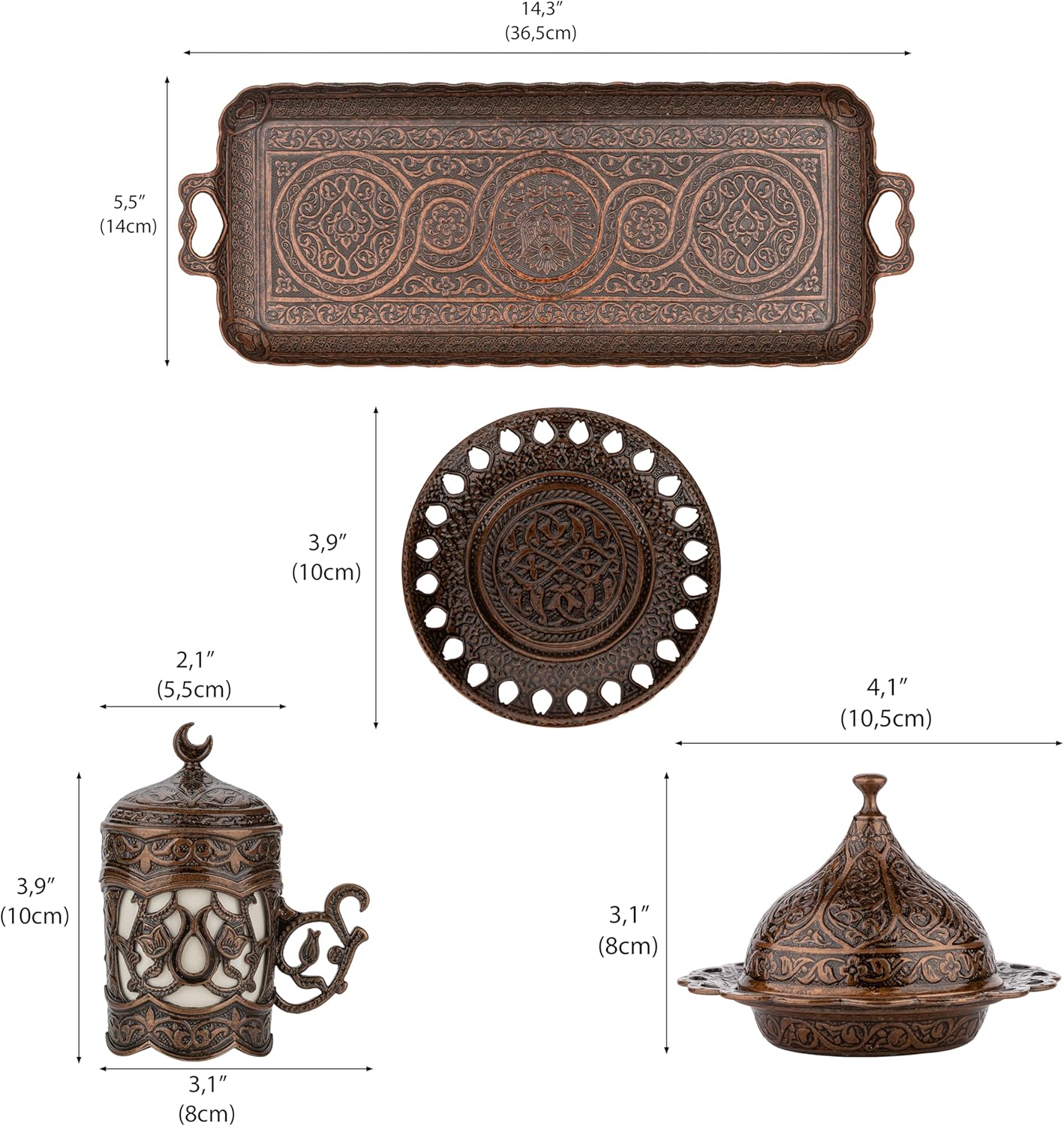 Alisveristime Ottoman Turkish Greek Arabic Espresso Coffee Cups with Saucer and Lid (Set of 2) (Hilal) (Silver)