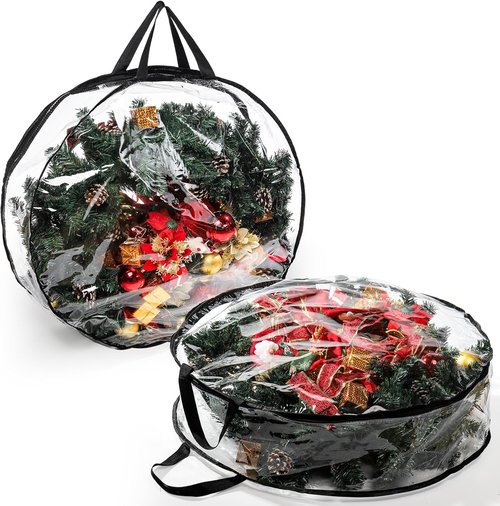 Hedume Wreath Storage Bag - 30" X 8" Clear Container with Dual Zippers & Reinforced Handle for Holiday Decor