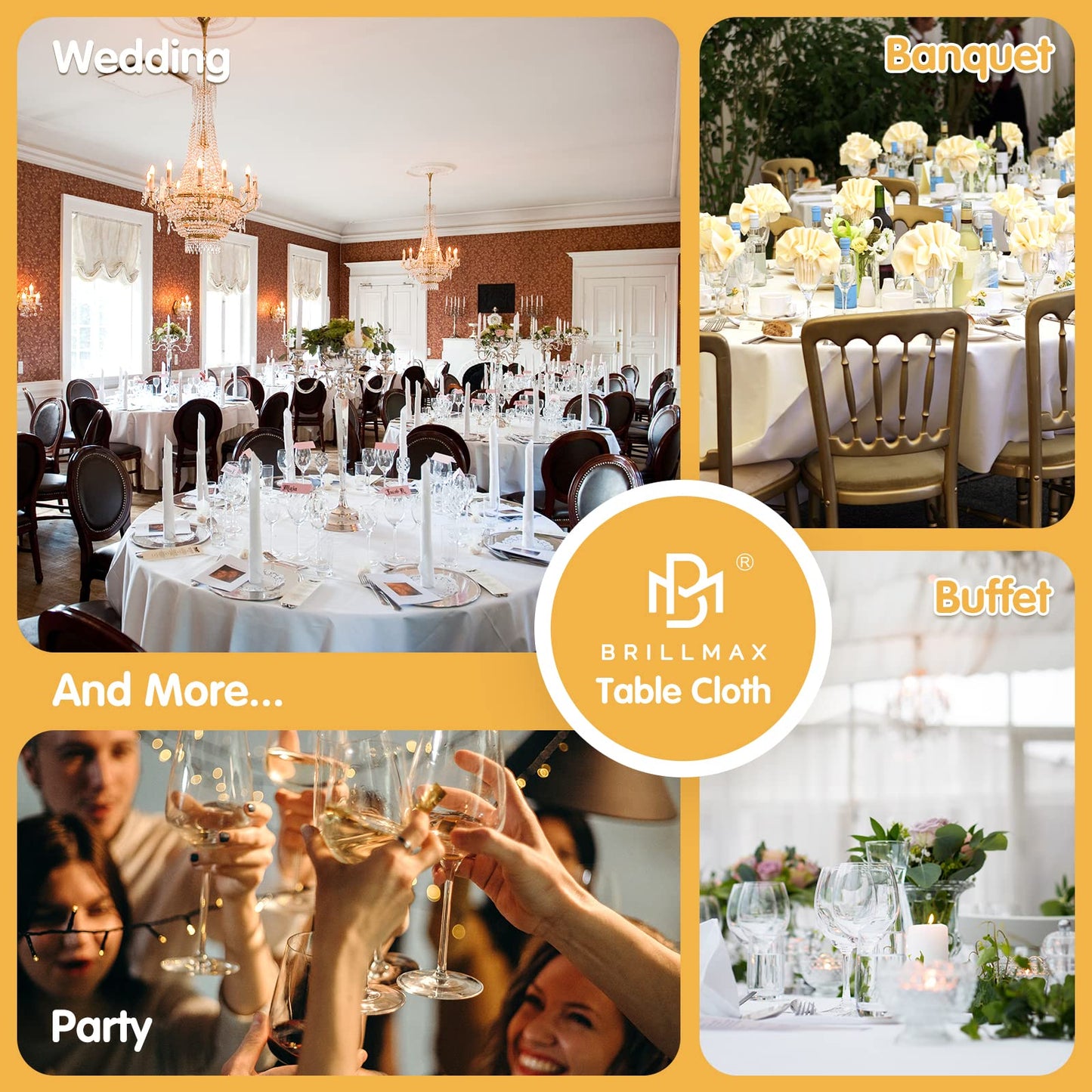 BRILLMAX 6 Pack White Round Tablecloths 120 Inch for 60” Tables - 150 GSM Polyester Fabric, Floor Length Drop, Water, Stain & Wrinkle Resistant Cloth Cover for Wedding Reception Banquet Dining