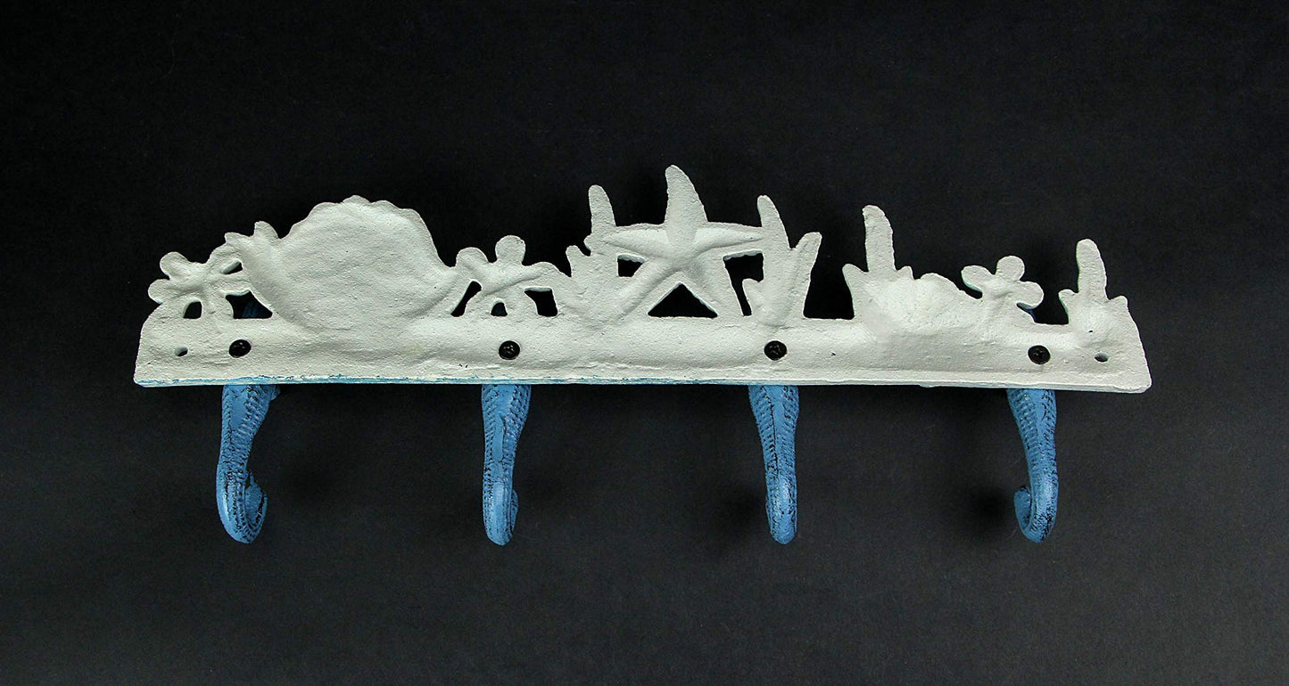 Zeckos Enchanting Blue and White Cast Iron Seahorse Nautical Sea Life Decorative Wall Hook, Towel Hanger or Coat Rack - Perfect Beach Home and Coastal Accent