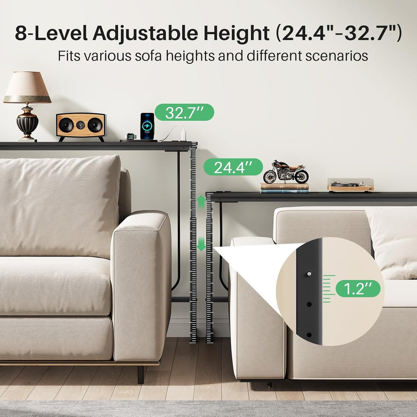 Kitstorack Console Table - 2-Pack Black Narrow Sofa Table with Adjustable Height & Power Outlets | 5.9" Deep x 79" Long