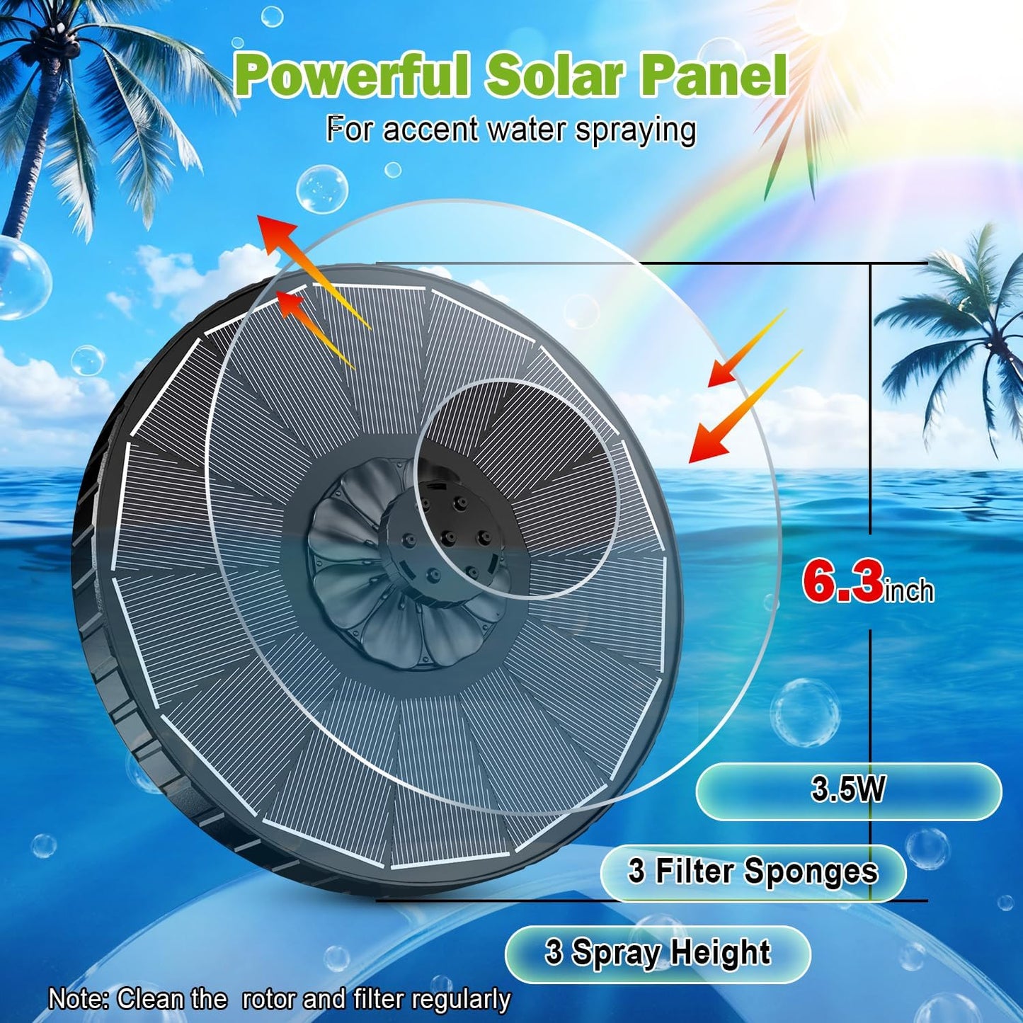SZMP Solar Fountain - 3 Spray Heights & 7 Nozzles | 3.5W Glass Bird Bath Pump for Garden, Pool, Pond