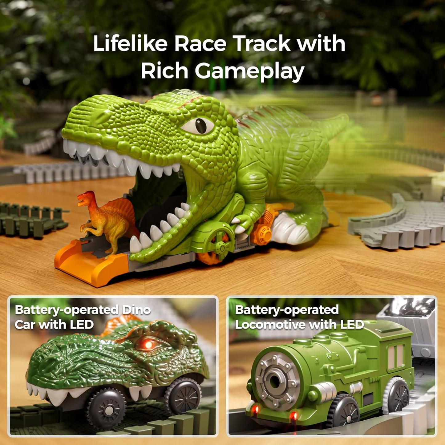 TUMAMA Dinosaur Train Set - 281 Pcs Flexible Race Track with 4 Dinosaurs & 2 Electric Cars for Kids 3-7