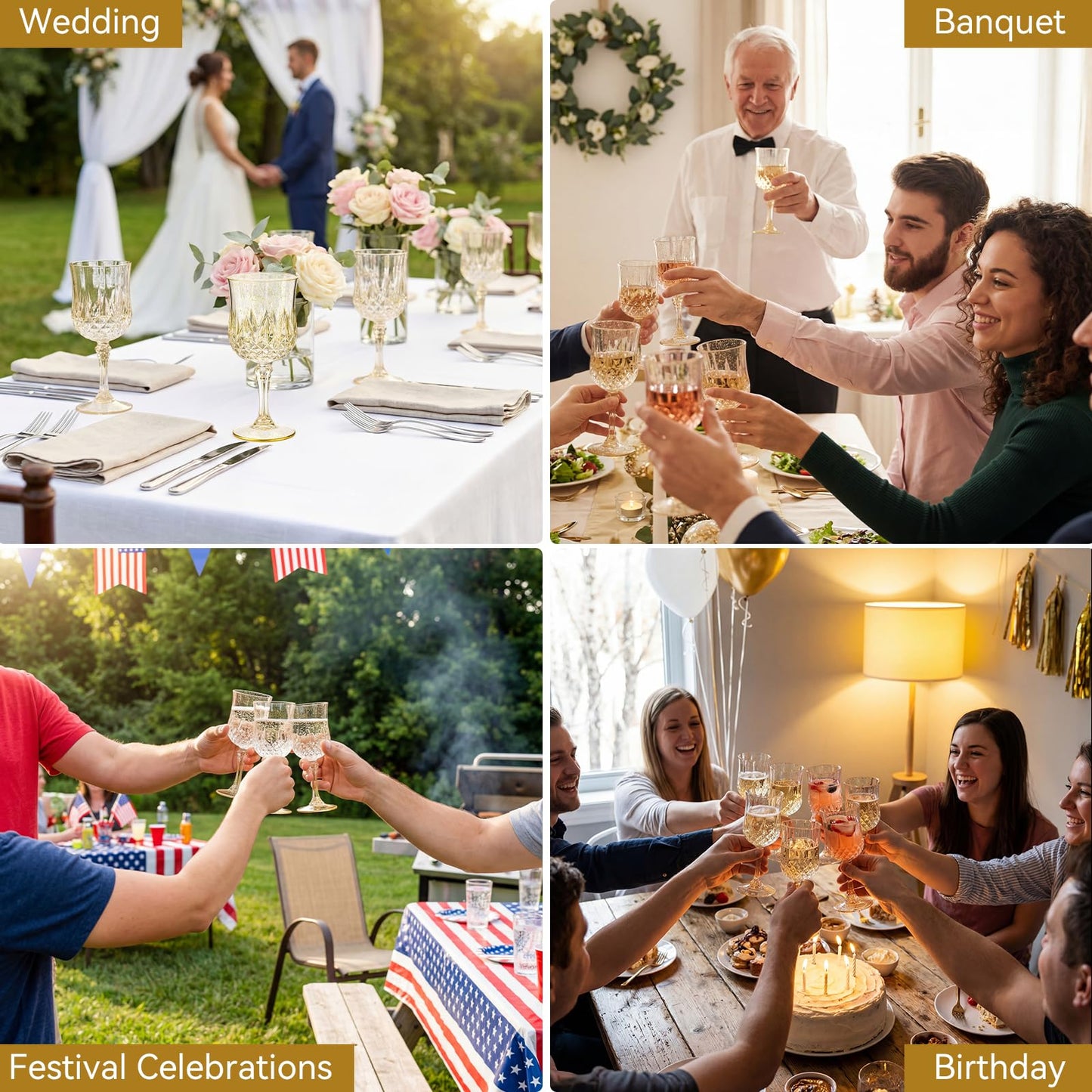 Sliner 48 Pcs Plastic Wine Glasses 7oz Vintage Drinking Goblets Unbreakable Crystal Water Glassware Reusable Diamond Champagne Flutes Cups for Wedding Banquet Birthday Party Supplies(Gold Glitter)