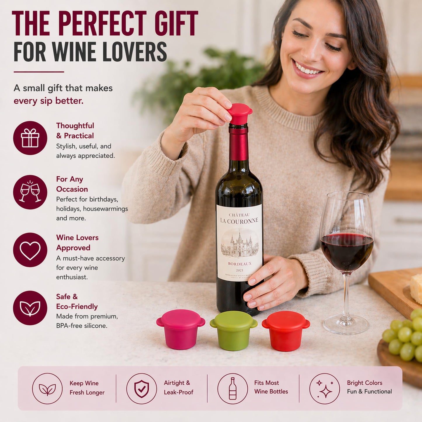 Wine Bottle Caps - Silicone Bottle Covers - Air-Tight Vacuum Seal - Wine Gifts for Women - Set of 4