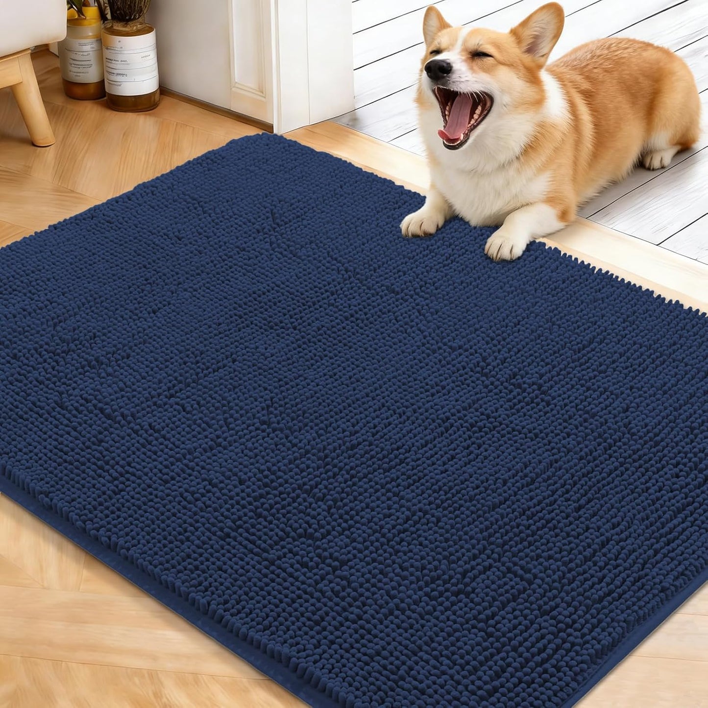 OLANLY Dog Door Mat - Absorbent Non-Slip Chenille for Muddy Paws | 40x32 Dark Blue Quick Dry Doormat