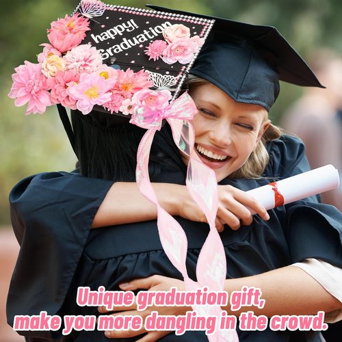 FYSUIMU Graduation Cap Decoration Kit - DIY Pink Grad Hat Toppers with Flowers & 3D Butterfly Stickers