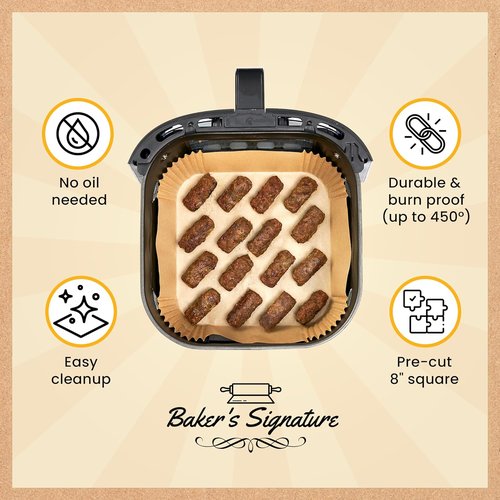 Baker's Signature Air Fryer Liners - 250 Pcs Non-Stick & Oil Proof for Easy Cleanup | 8” Square for 5-8 Qt Baskets