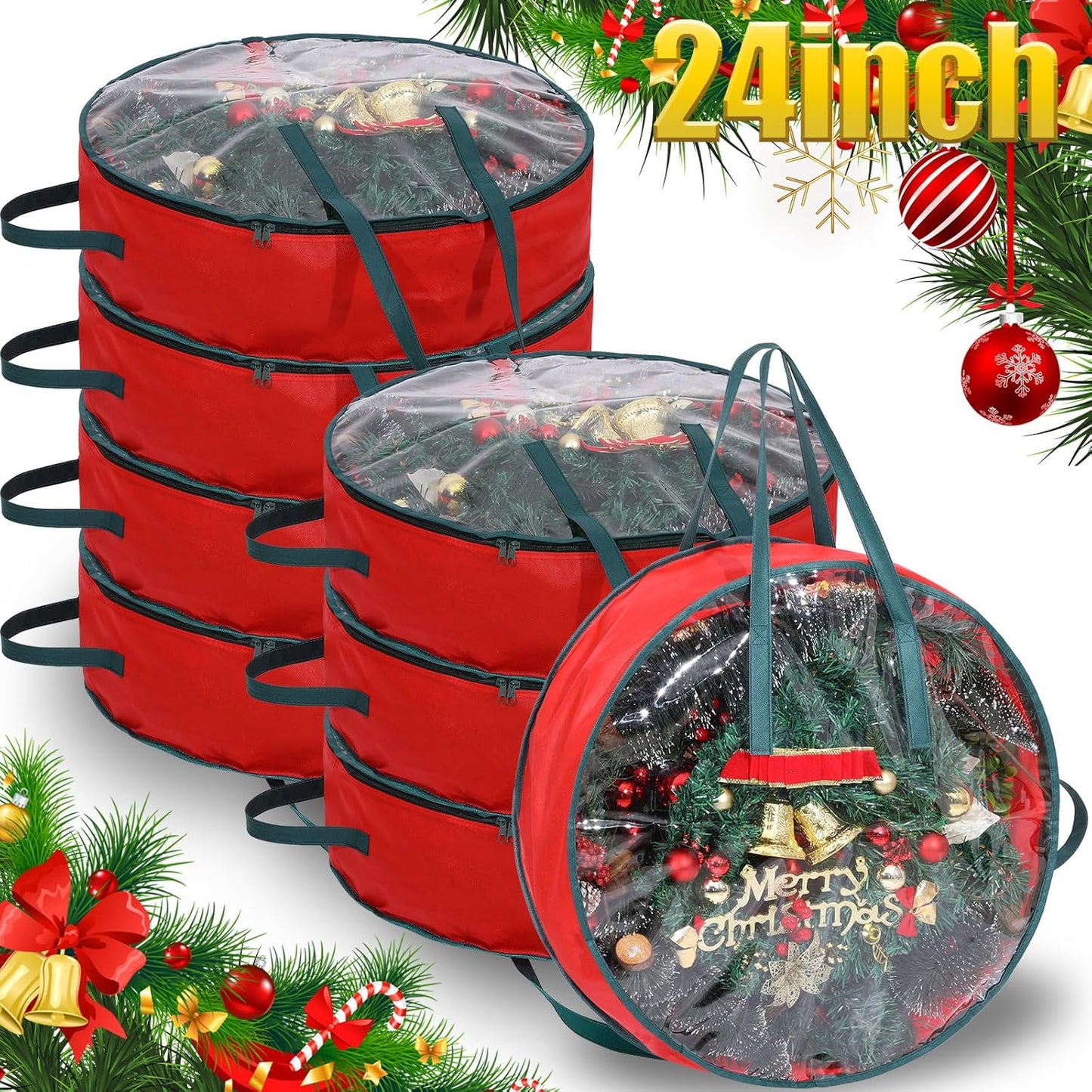 Shappy Wreath Storage Bag - 8 Pcs Red Clear Window Containers with Handles for Holiday Decor