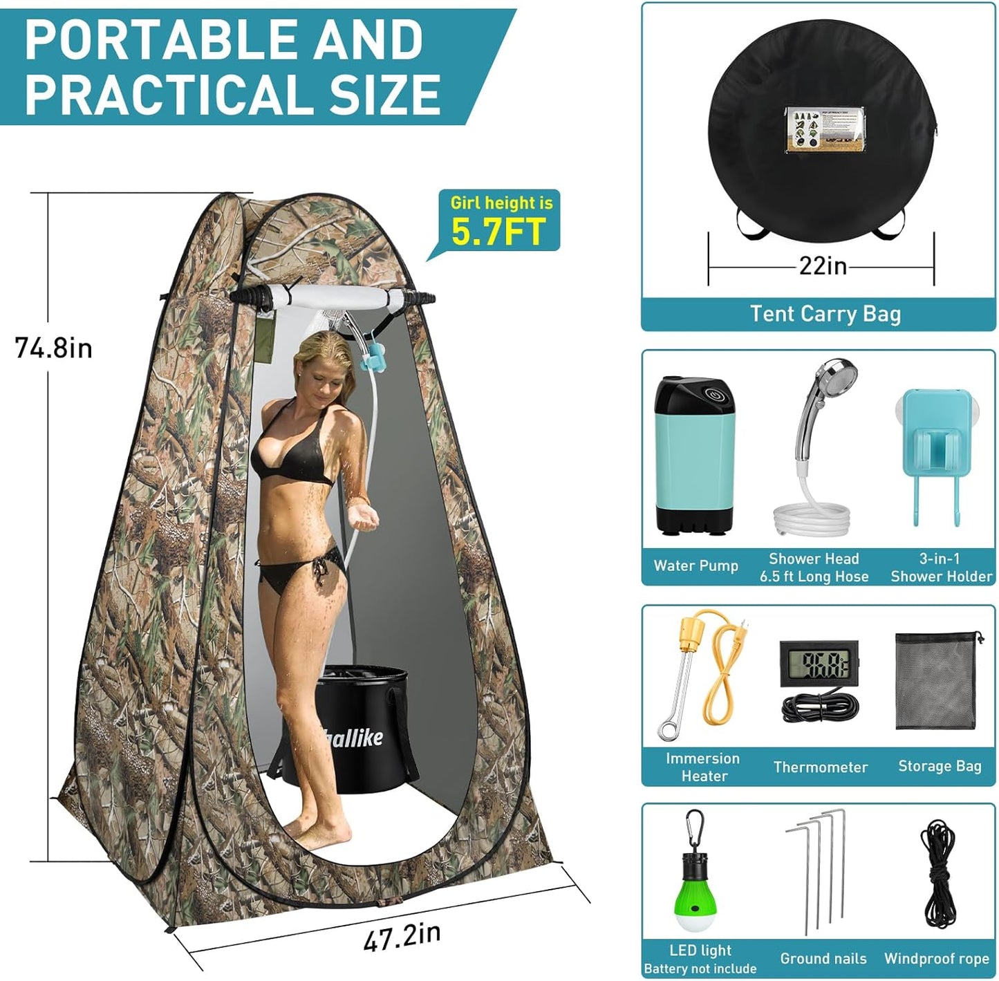 Skiennix Portable Hot Shower - 1000W Immersion Heater & Rechargeable Pump | 6.6 Gallon Camping Kit