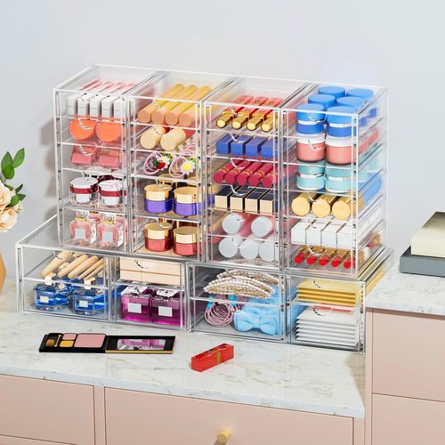 Caktraie Desk Organizer - 22 Drawer Plastic Storage Bins for Office & Makeup | 4 Pack