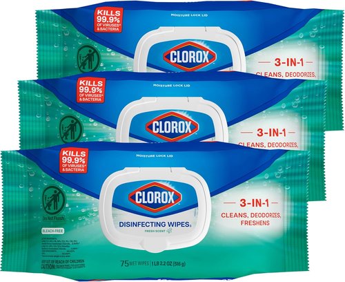 Clorox Disinfecting Wipes - Bleach-Free Fresh Scent - 75 Count | Pack of 3 for Effective Cleaning