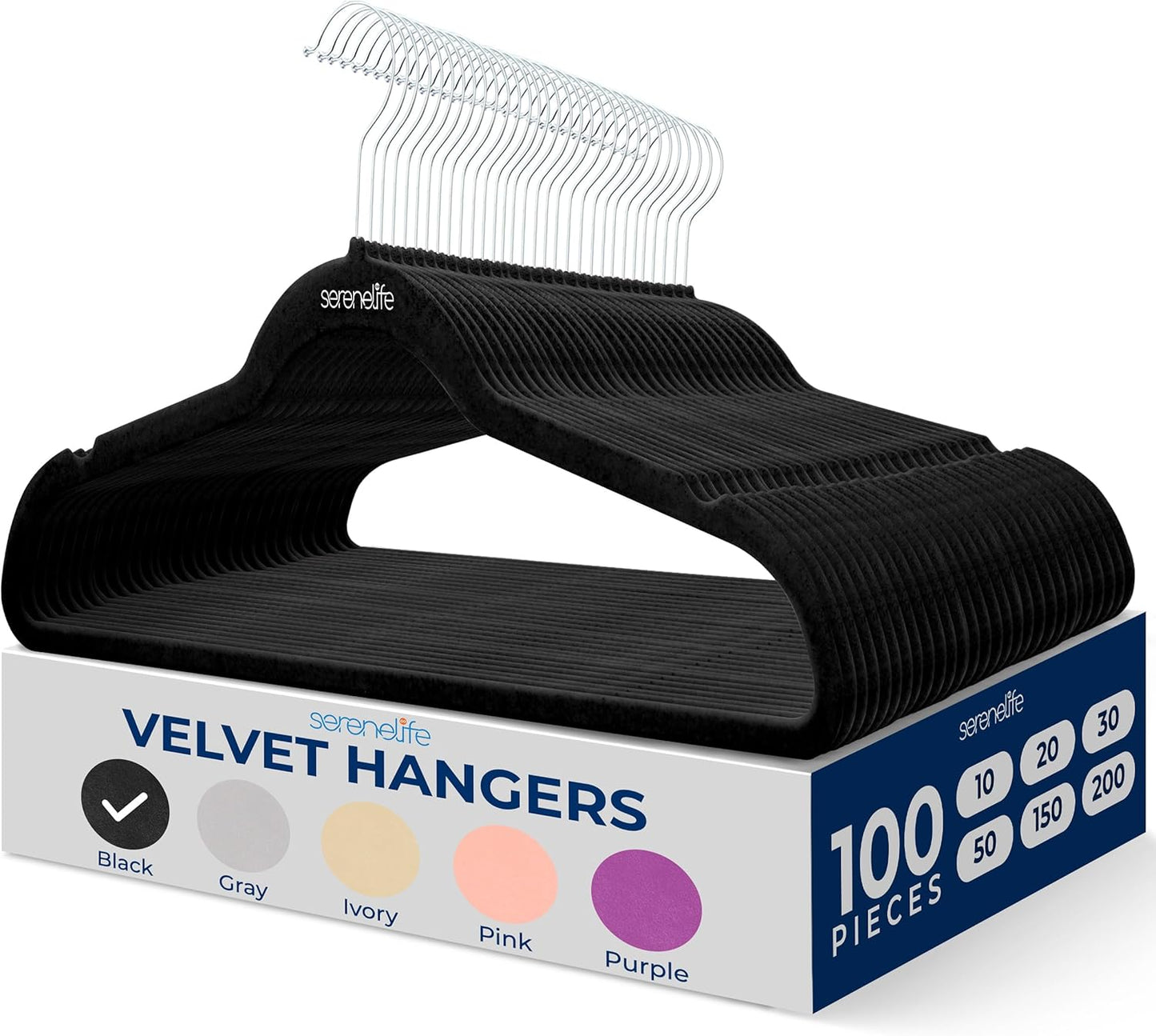 SereneLife Velvet Hangers - 100 Pack Black Slim Non-Slip Clothes Hangers | Durable 10 lbs Capacity, Space-Saving Design